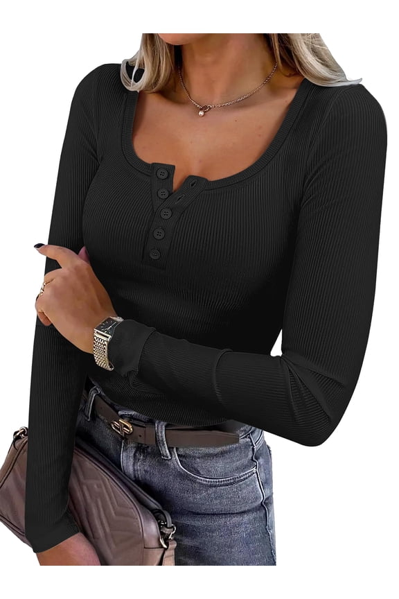 Women's Long Sleeve Henley Tops Ribbed Knit Slim Fitted Trendy T Shirt Basic Tees Layer 2026 Fall Fashion Outfits Black Small