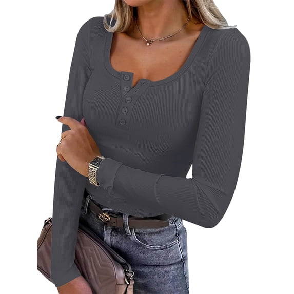 ANRABESS Women's Long Sleeve Shirts Fall Henley Top Soft Ribbed Knit Button Up Slim Fitted T-Shirts Layering Basic Tee Trendy Casual Going Out Fall Outfits Fashion Clothing Deep Grey X-Small