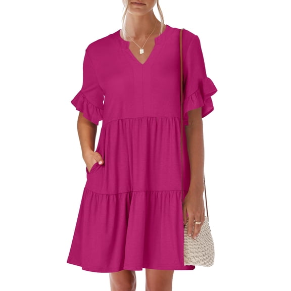 ANRABESS Women's Summer Casual Dress, V-Neck Ruffle Sleeve Tiered Mini Dress, Soft Comfy Fabric with Pockets for All-Day Wear Hot Pink X-Large