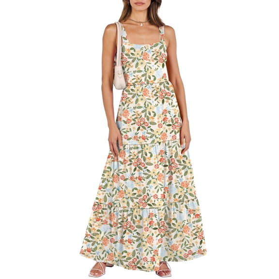 ANRABESS Women's Summer Maxi Dress Sleeveless Square Neck Tiered Sundress with Pockets, Flowy Beach Vacation Dress Orange Green Floral Medium