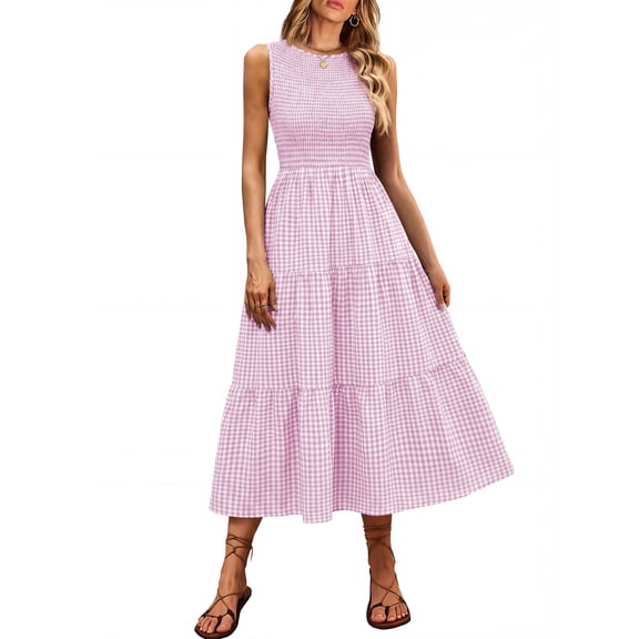 ANRABESS Women's Summer Casual Maxi Dress Sleeveless Crewneck Smocked 2026 Flowy Plaid Tiered Boho A Line Beach Long Sundress Pink White Plaid Small