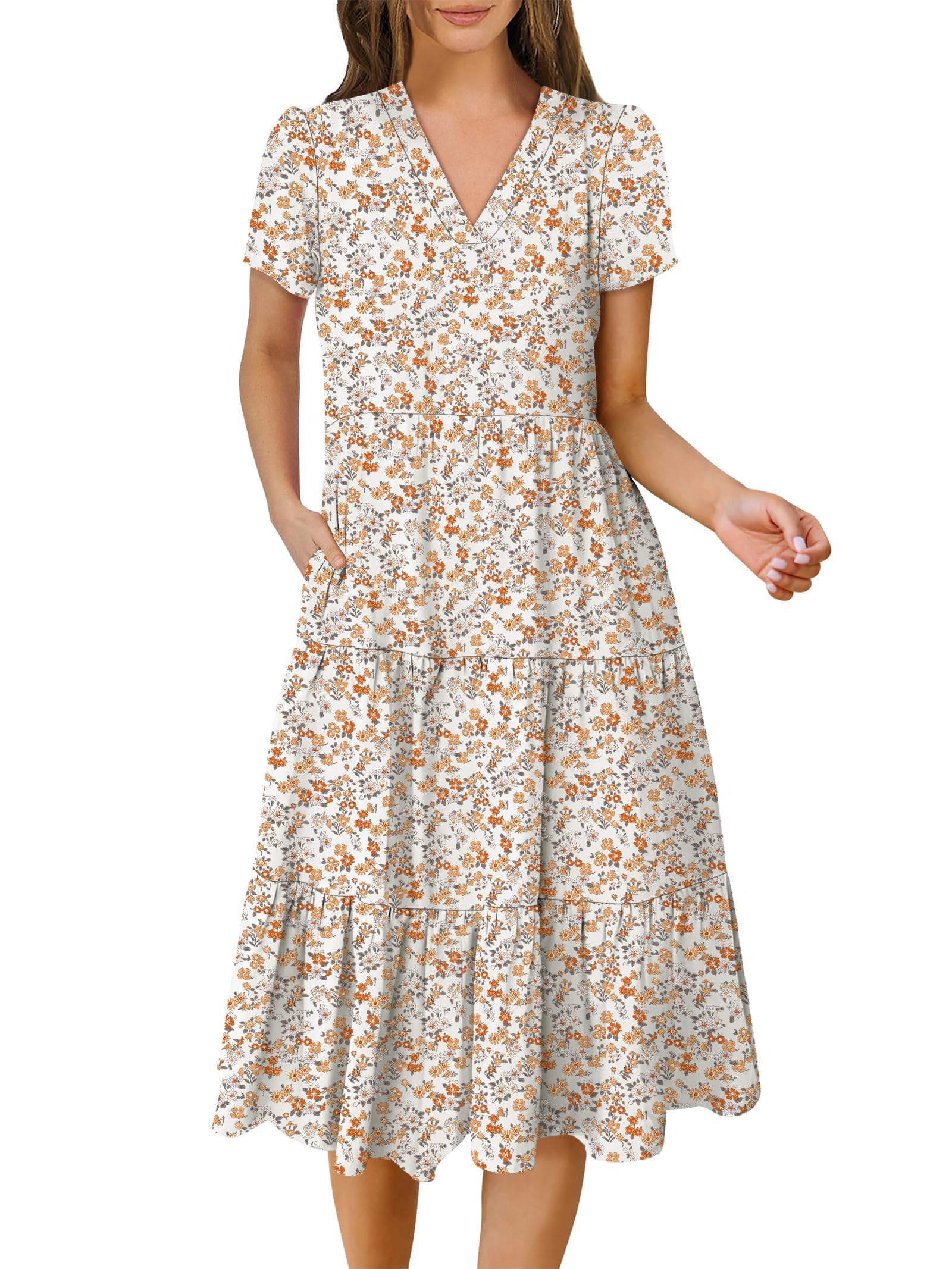 ANRABESS Women's Summer Casual Midi Dresses Short Sleeve V Neck Flowy ...