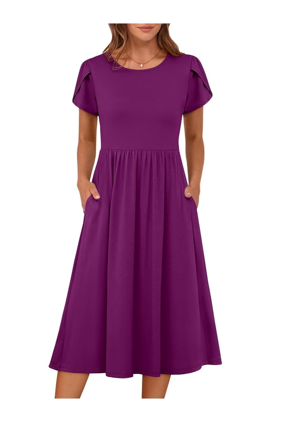 Summer Short Sleeve A-Line Midi Dresses for Women Flowy Casual T Shirt Dresses Beach Floral Sundress with Pockets Dark Purple Medium