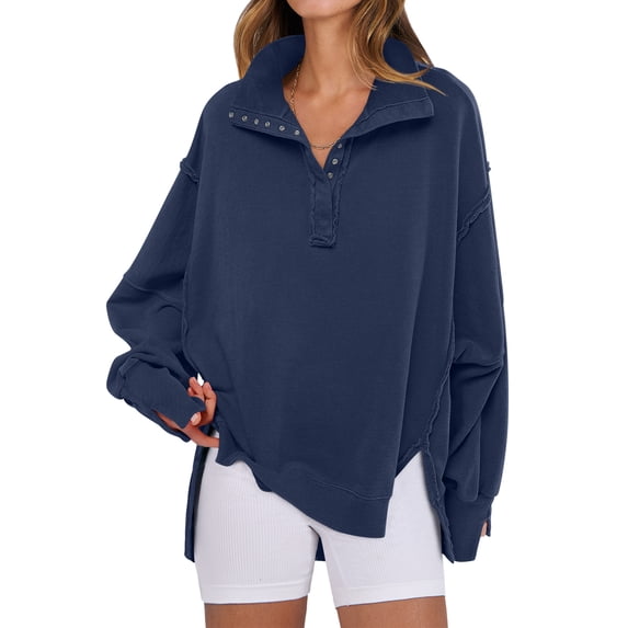 ANRABESS Women's Sweatshirts Oversized Casual Loose Button Up Henley Pullover Top High Low Split 2026 Fall Fashion Outfits Navy Blue Medium