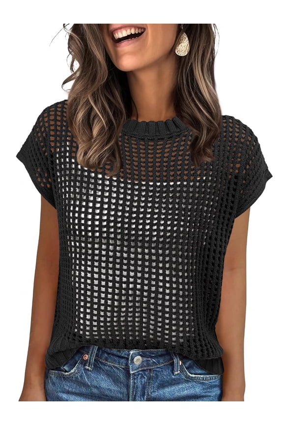 Crochet Tops for Women Summer Cap Sleeve Knit Mesh Shirt, Sheer Hollow Out Sweater Top Casual Beach Cover Up