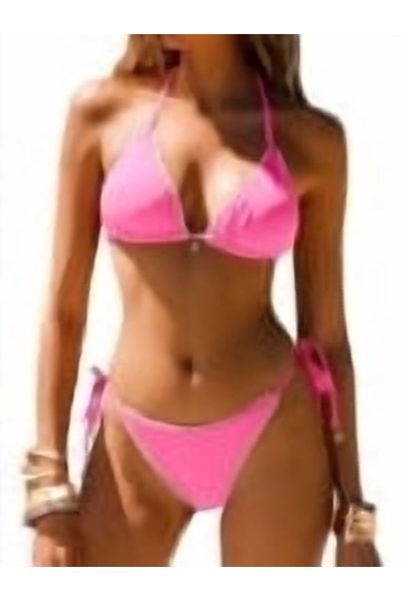 Women's Triangle Bikini Sets Sexy Halter String Two Piece Swimsuits Tie Lace Trim Bathing Suit Trendy Beach Swimwear Light Pink M