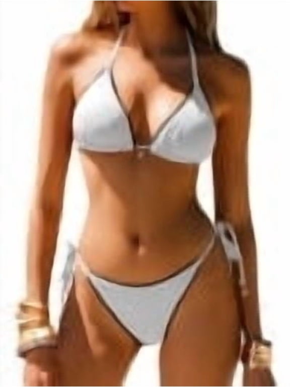Women's Triangle Bikini Sets Sexy Halter String Two Piece Swimsuits Tie Lace Trim Bathing Suit Trendy Beach Swimwear White Small