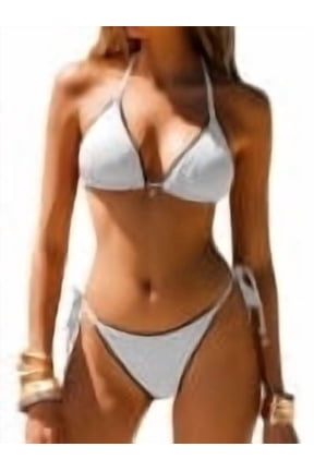 Women's Triangle Bikini Sets Sexy Halter String Two Piece Swimsuits Tie Lace Trim Bathing Suit Trendy Beach Swimwear White X-Small
