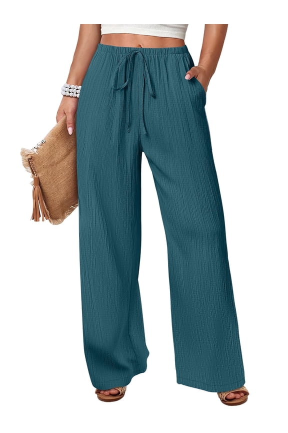 Womens Casual Wide Leg Pants Elastic Waist Drawstring Lightweight Flowy Beach Palazzo Pants with Pockets