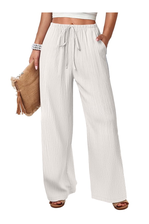 Womens Casual Wide Leg Pants Elastic Waist Drawstring Lightweight Flowy Beach Palazzo Pants with Pockets