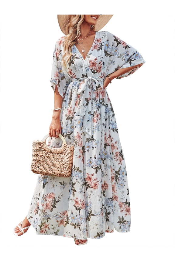Womens 1/2 Sleeve Beach Wedding Guest Maxi Dresses 2026 Summer Wrap V Neck Boho Floral Flowy Slit Long Dresses white Floral XL