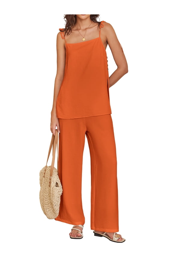 Womens 2 Piece Summer Sets, Casual Sleeveless Top and Wide Leg Pants Set, Loose Loungewear, Vacation Travel Outfits Orange Medium