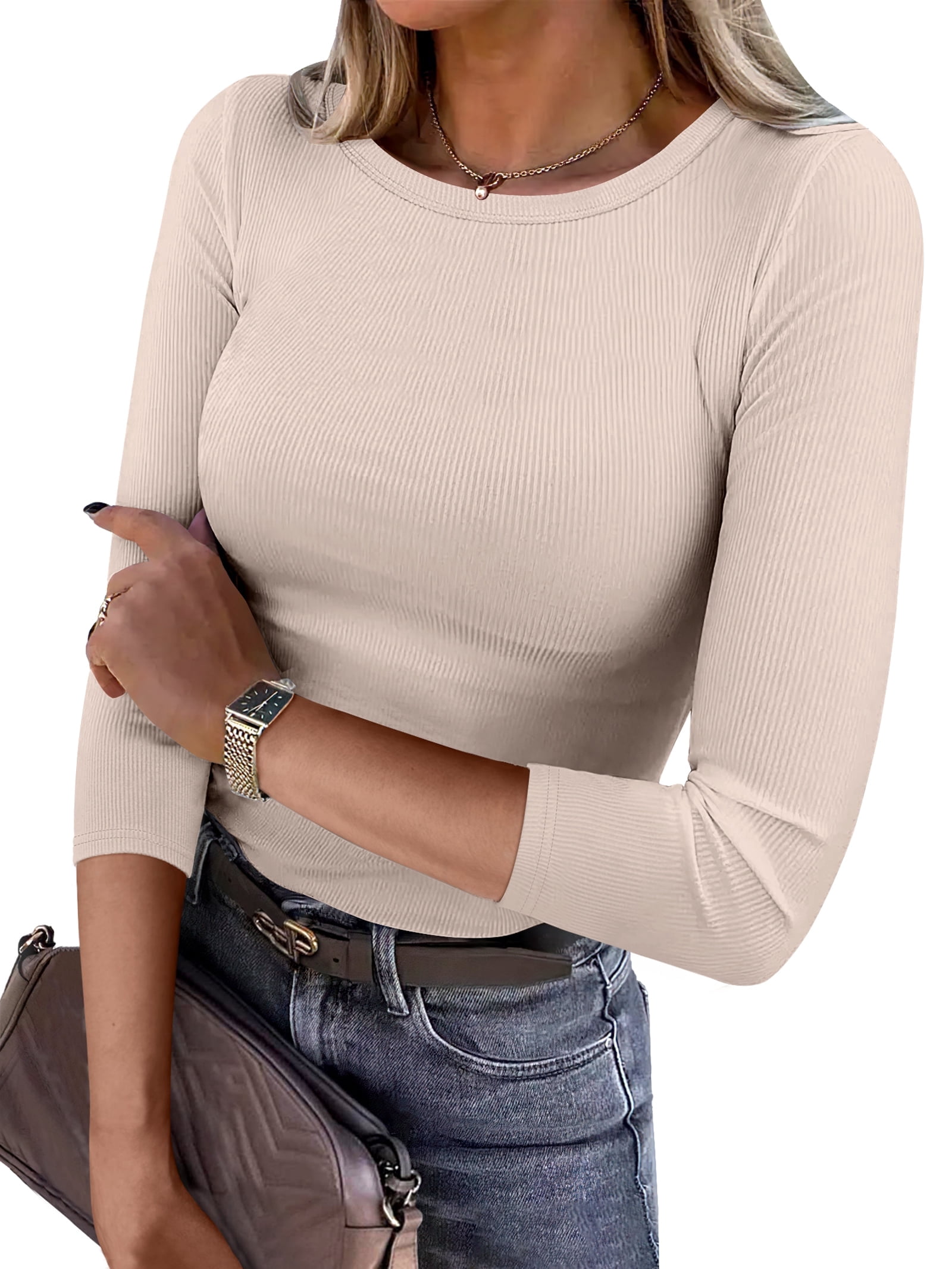 ANRABESS Womens 3/4 Long Sleeve Tops Ribbed Knit Slim Fitted Shirts ...