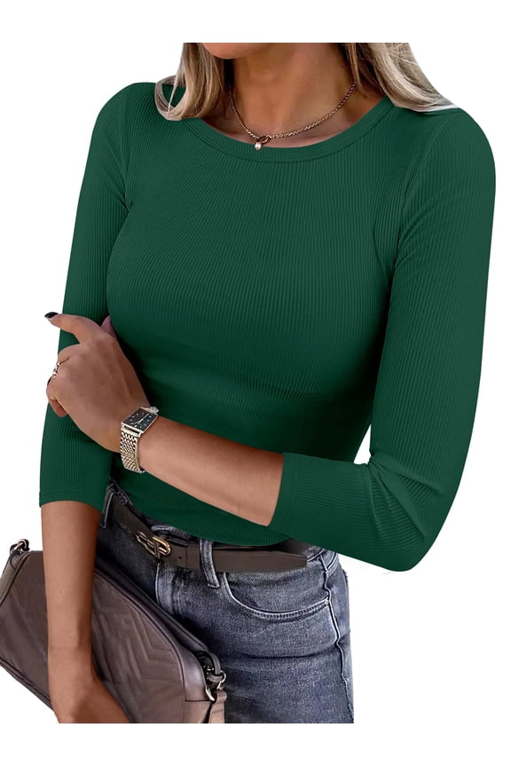 Womens 3/4 Long Sleeve Tops Ribbed Knit Slim Fitted Shirts Basic Tee Fall Outfits 2026 Fashion Y2K Clothes forest X-Small