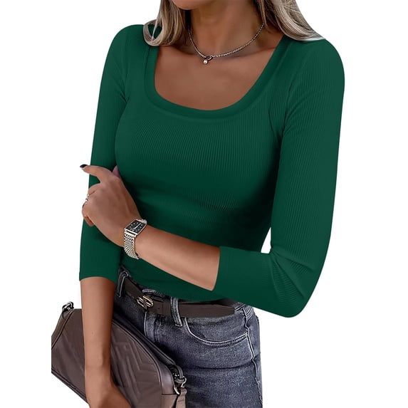 ANRABESS Womens 3/4 Sleeve Scoop Neck Tops Ribbed Knit Slim Fitted Casual Basic Tee Shirts 2026 Fall Trendy Going Out T-Shirt Deep Green X-Large