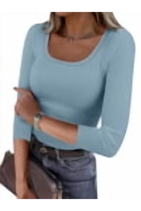 Womens 3/4 Sleeve Scoop Neck Tops Ribbed Knit Slim Fitted Casual Basic Tee Shirts 2026 Fall Trendy Going Out T-Shirt Grey Blue Medium