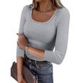 thumbnail image 1 of ANRABESS Womens 3/4 Sleeve Scoop Neck Tops Ribbed Knit Slim Fitted Casual Basic Tee Shirts 2026 Fall Trendy Going Out T-Shirt Grey X-Small, 1 of 11