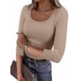 thumbnail image 1 of ANRABESS Womens 3/4 Sleeve Scoop Neck Tops Ribbed Knit Slim Fitted Casual Basic Tee Shirts 2026 Fall Trendy Going Out T-Shirt Khaki Medium, 1 of 11