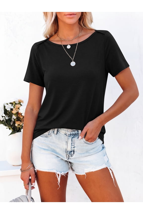 Womens Boat Neck Tops Short Sleeve T-Shirts Causal Fashion Tee Shirts 2026 Summer Spring Clothes Black X-Large