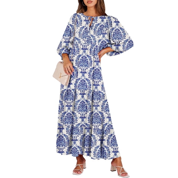 ANRABESS Womens Boho Maxi Dresses 2026 Summer V Neck Puff Sleeve Floral Flowy Swing Fall Casual Long Dress Blue Khaki Large