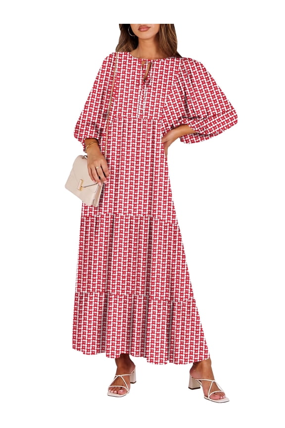 Womens Boho Maxi Dresses 2026 Summer V Neck Puff Sleeve Floral Flowy Swing Fall Casual Long Dress Red Floral M