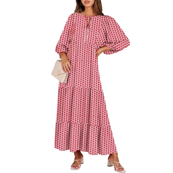 ANRABESS Womens Boho Maxi Dresses 2026 Summer V Neck Puff Sleeve Floral Flowy Swing Fall Casual Long Dress Red Floral XXL