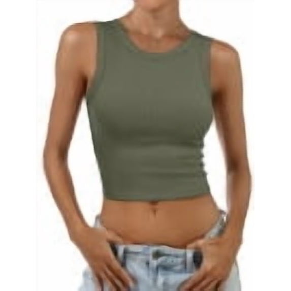 ANRABESS Women Basic Crop Tank Tops Casual Ribbed Knit Workout Tops Sleeveless Shirts Tight High Neck Camisole Women Girls Summer Clothes Army Green XL