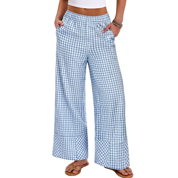 ANRABESS Womens Gingham Pants Wide Leg Elastic Waist Summer Casual Loose Palazzo Lounge Beach Vacation Trousers with Pockets