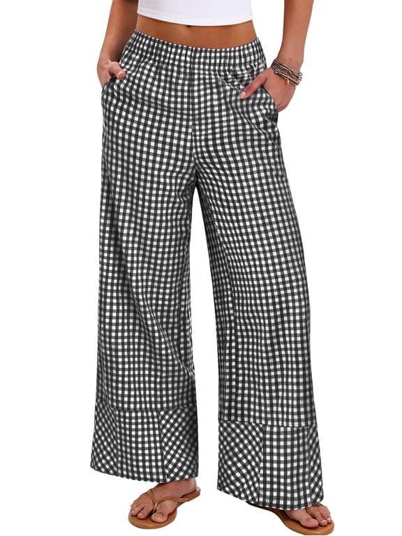 Womens Gingham Pants Wide Leg Elastic Waist Summer Casual Loose Palazzo Lounge Beach Vacation Trousers with Pockets