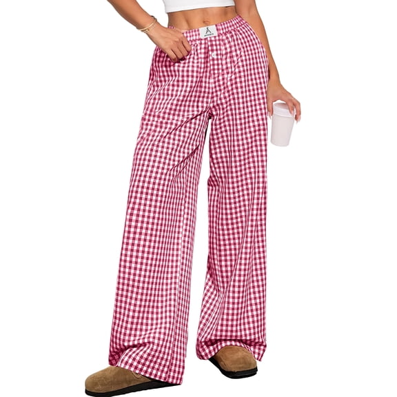 ANRABESS Womens Gingham Striped Boxer Pants | Wide Leg Elastic Waist with Pockets, Lounge Pajama Bottoms Home Daily Wear, Lightweight Breathable, Casual Summer Fall