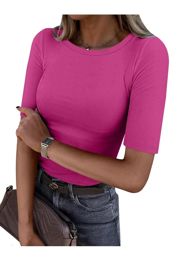 Half Sleeve Tops for Women Spring Summer Casual Ribbed Tops Knit Slim Fitted Basic Tee Shirts Crew Neck T Shirts Hot Pink Medium