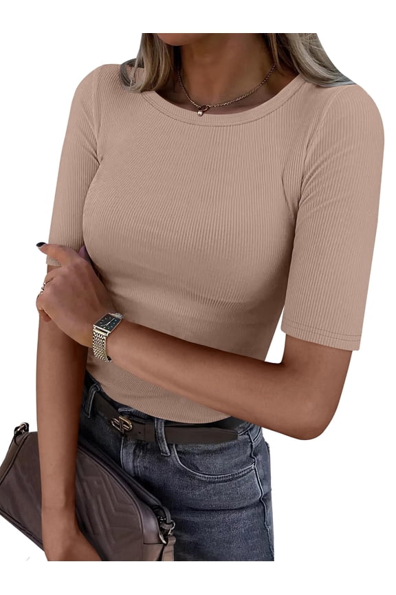Half Sleeve Tops for Women Spring Summer Casual Ribbed Tops Knit Slim Fitted Basic Tee Shirts Crew Neck T Shirts Light Khaki X-Small