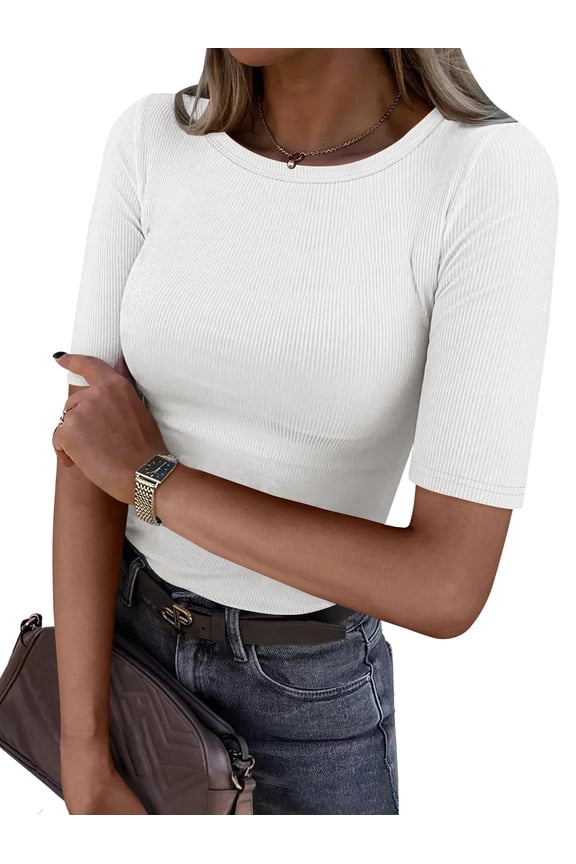 Half Sleeve Tops for Women Spring Summer Casual Ribbed Tops Knit Slim Fitted Basic Tee Shirts Crew Neck T Shirts White Medium