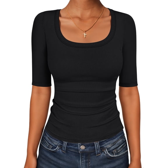 ANRABESS Womens Scoop Neck Tops Half Sleeve Ribbed Knit Slim Fitted T Shirts Summer Casual Basic Tee Going Out Shirts
