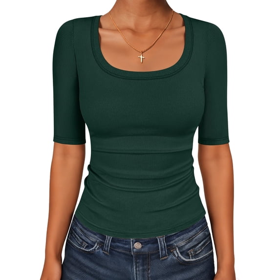 ANRABESS Womens Scoop Neck Tops Half Sleeve Ribbed Knit Slim Fitted T Shirts Summer Casual Basic Tee Going Out Shirts