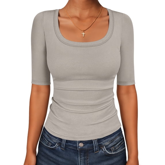 ANRABESS Womens Scoop Neck Tops Half Sleeve Ribbed Knit Slim Fitted T Shirts Summer Casual Basic Tee Going Out Shirts