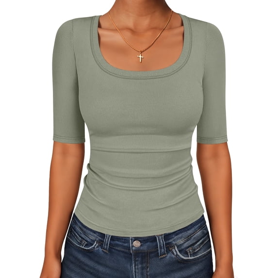 ANRABESS Womens Scoop Neck Tops Half Sleeve Ribbed Knit Slim Fitted T Shirts Summer Casual Basic Tee Going Out Shirts