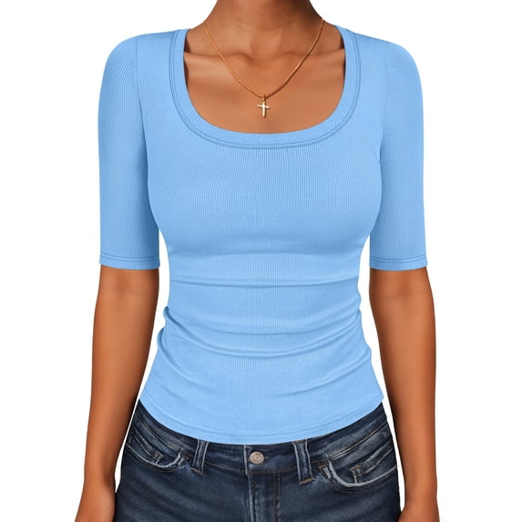 ANRABESS Womens Half Sleeve Tops Scoop Neck Ribbed Knit Slim Fitted ...