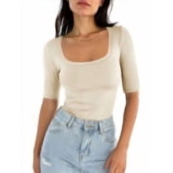 ANRABESS Womens Half Sleeve Tops Square Neck Slim Fit T-Shirt Summer 2026 Fashion Casual Basic Tee Shirts Spring Work Outfits Parchment Medium