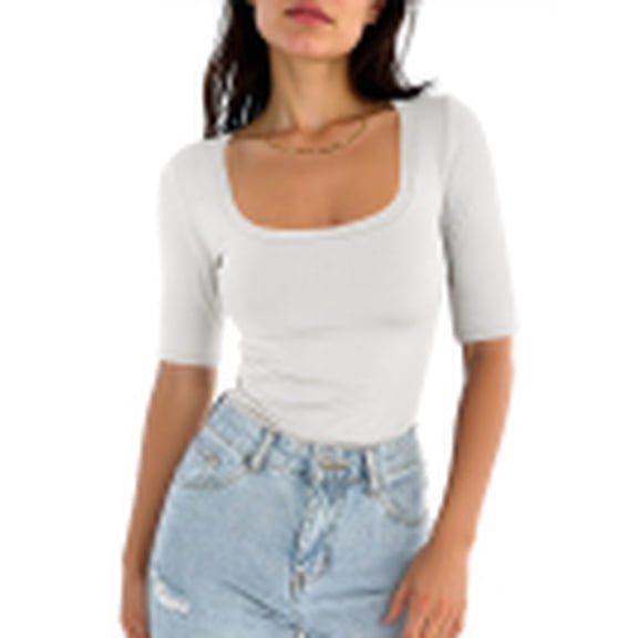 ANRABESS Womens Half Sleeve Tops Square Neck Slim Fit T-Shirt Summer 2026 Fashion Casual Basic Tee Shirts Spring Work Outfits White Small