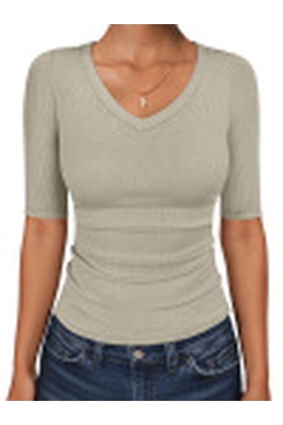 Womens Half Sleeve Tops V Neck Ribbed Knit Slim Fit Basic T Shirts 2026 Summer Casual Tees Spring Trendy Clothes Almond Small