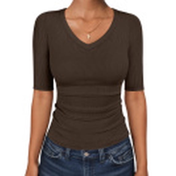 ANRABESS Womens Half Sleeve Tops V Neck Ribbed Knit Slim Fit Basic T Shirts 2026 Summer Casual Tees Spring Trendy Clothes Coffee X-Small