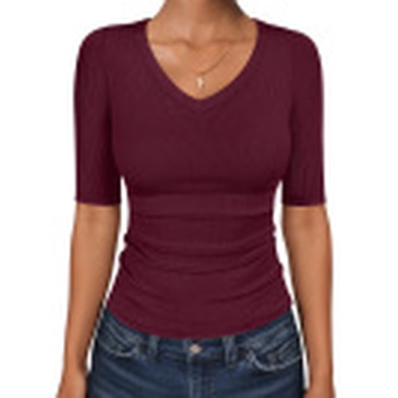 ANRABESS Womens Half Sleeve Tops V Neck Ribbed Knit Slim Fit Basic T Shirts 2026 Summer Casual Tees Spring Trendy Clothes Deep Red Small