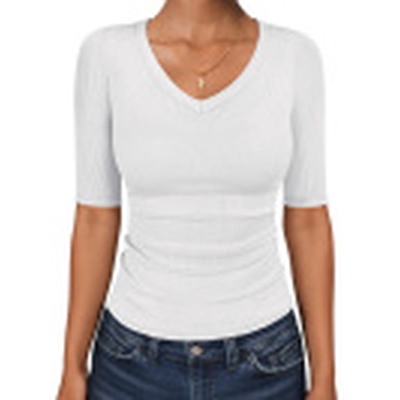 ANRABESS Womens Half Sleeve Tops V Neck Ribbed Knit Slim Fit Basic T Shirts 2026 Summer Casual Tees Spring Trendy Clothes White Medium