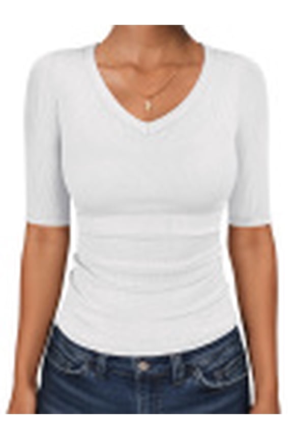 Womens Half Sleeve Tops V Neck Ribbed Knit Slim Fit Basic T Shirts 2026 Summer Casual Tees Spring Trendy Clothes White Medium
