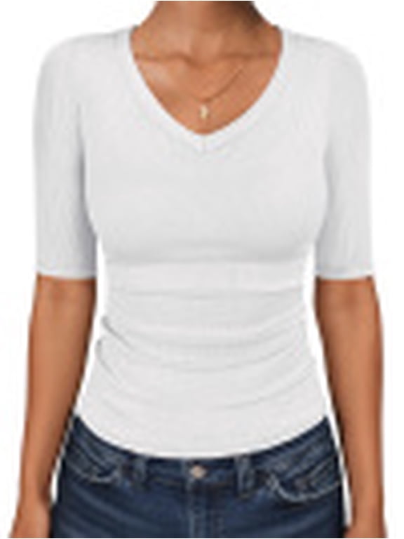 Womens Half Sleeve Tops V Neck Ribbed Knit Slim Fit Basic T Shirts 2026 Summer Casual Tees Spring Trendy Clothes White Medium