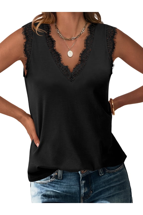 Womens Lace Trim Tank Tops V Neck Sleeveless Shirts 2026 Summer Casual Trendy Dressy Cami Top Black X-Large