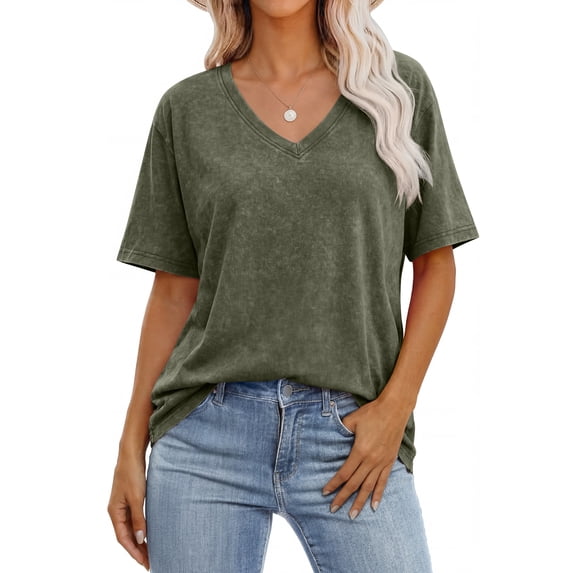 ANRABESS Womens Oversized Acid Washed T-Shirt Short Sleeve Vintage Casual V Neck Tops 2026 Summer Basic Tee Trendy Clothes Army Green XX-Large