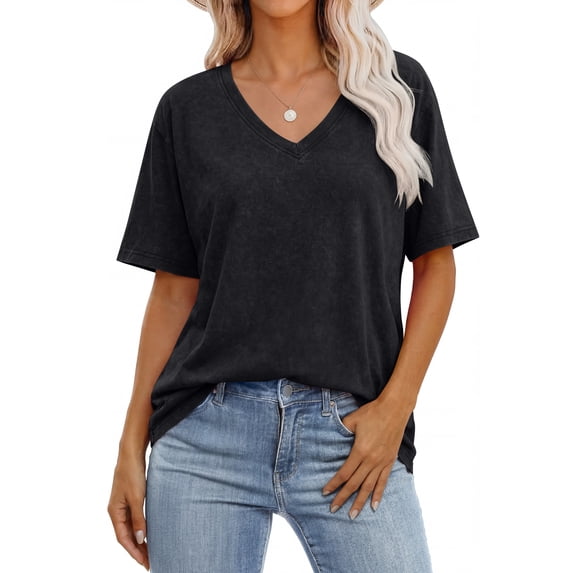 ANRABESS Womens Oversized Acid Washed T-Shirt Short Sleeve Vintage Casual V Neck Tops 2026 Summer Basic Tee Trendy Clothes Black Large
