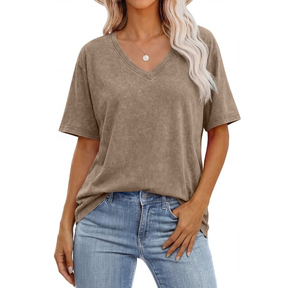 ANRABESS Womens Oversized Acid Washed T-Shirt Short Sleeve Vintage Casual V Neck Tops 2026 Summer Basic Tee Trendy Clothes Coffee Small